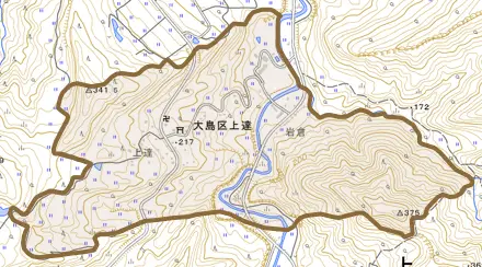 大島区上達とその周辺の地図。町の範囲を重ねている