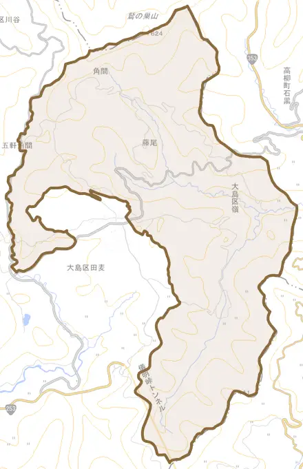 大島区嶺とその周辺の地図。町の範囲を重ねている