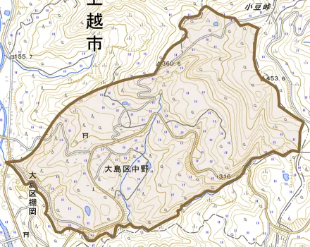 大島区中野とその周辺の地図。町の範囲を重ねている