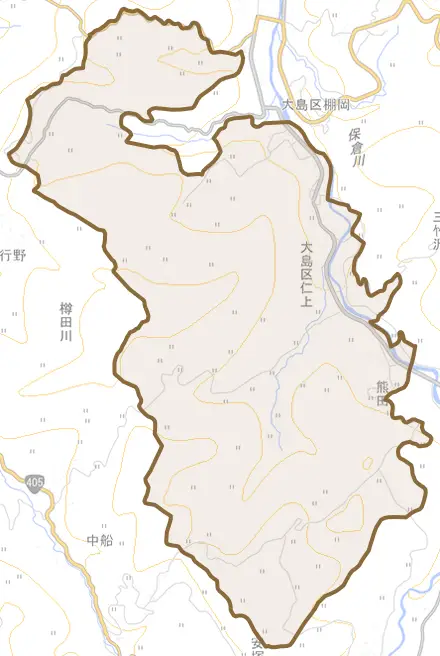 大島区仁上とその周辺の地図。町の範囲を重ねている