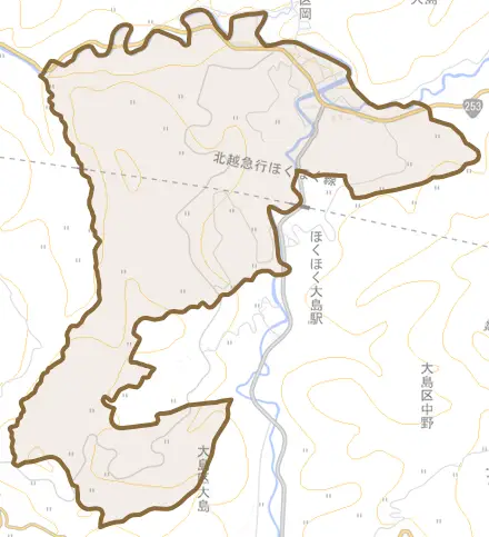 大島区大平とその周辺の地図。町の範囲を重ねている