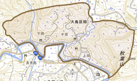 大島区岡とその周辺の地図。町の範囲を重ねている