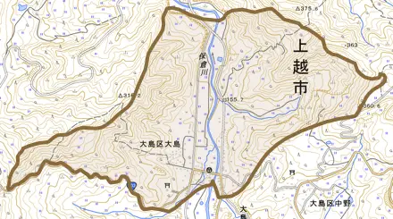 大島区大島とその周辺の地図。町の範囲を重ねている