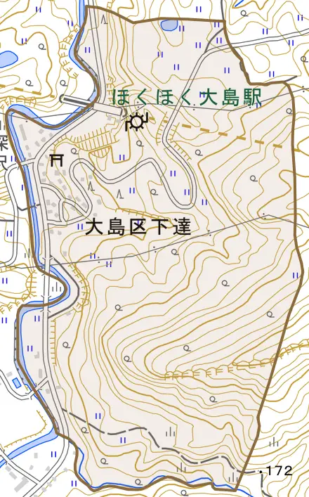 大島区下達とその周辺の地図。町の範囲を重ねている