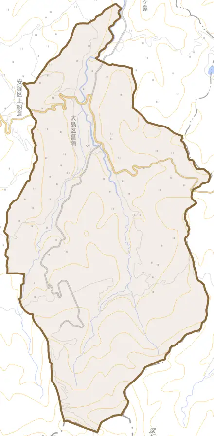 大島区菖蒲とその周辺の地図。町の範囲を重ねている