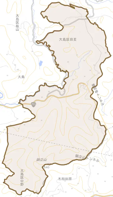 大島区田麦とその周辺の地図。町の範囲を重ねている