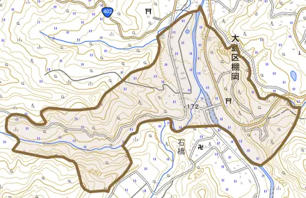 大島区棚岡とその周辺の地図。町の範囲を重ねている