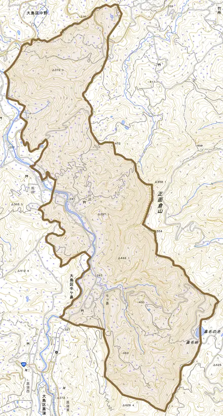 大島区牛ケ鼻とその周辺の地図。町の範囲を重ねている