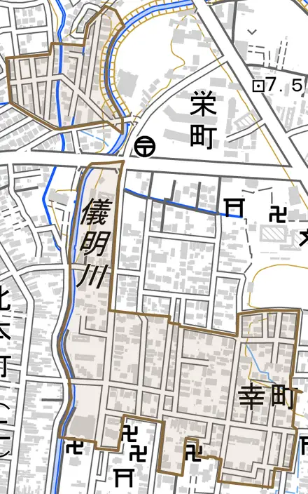 幸町とその周辺の地図。町の範囲を重ねている