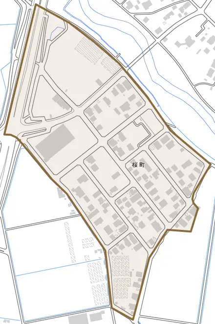 桜町とその周辺の地図。町の範囲を重ねている