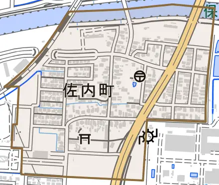 佐内町とその周辺の地図。町の範囲を重ねている