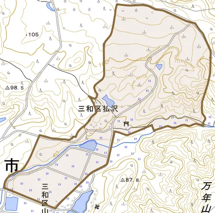 三和区払沢とその周辺の地図。町の範囲を重ねている