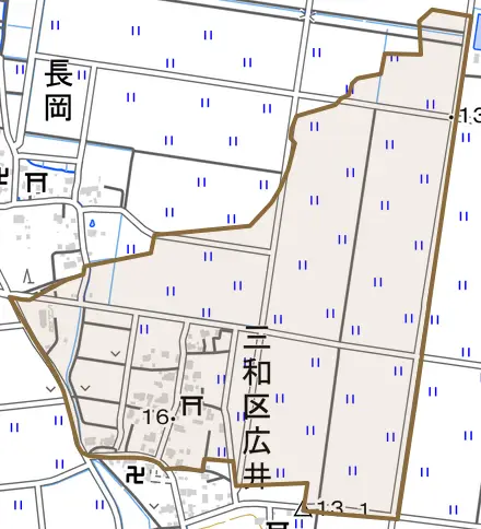 三和区広井とその周辺の地図。町の範囲を重ねている