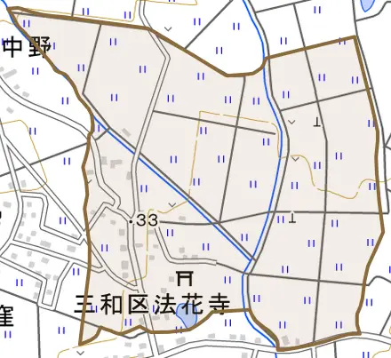 三和区法花寺とその周辺の地図。町の範囲を重ねている