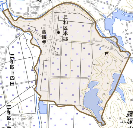 三和区本郷とその周辺の地図。町の範囲を重ねている