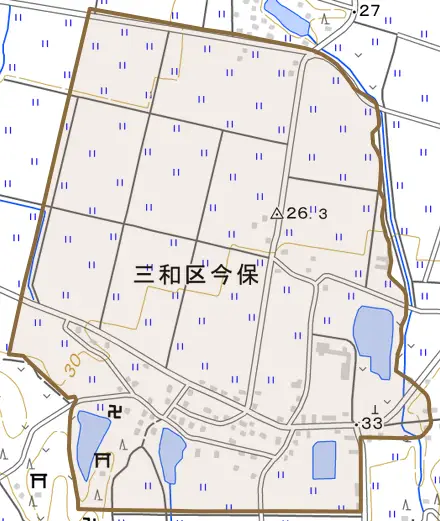 三和区今保とその周辺の地図。町の範囲を重ねている
