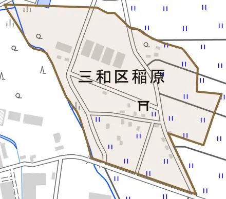 三和区稲原とその周辺の地図。町の範囲を重ねている