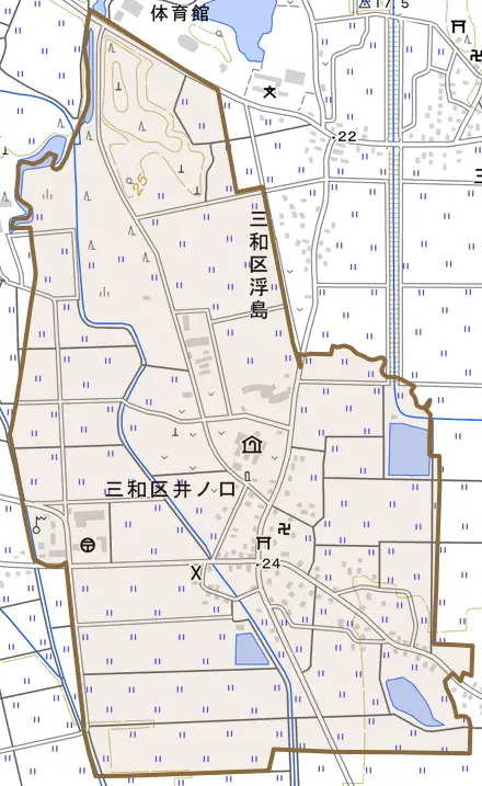 三和区井ノ口とその周辺の地図。町の範囲を重ねている