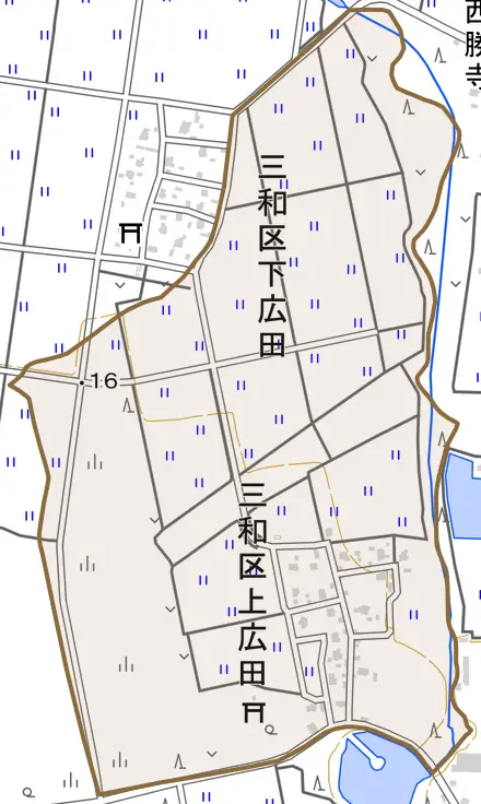 三和区上広田とその周辺の地図。町の範囲を重ねている