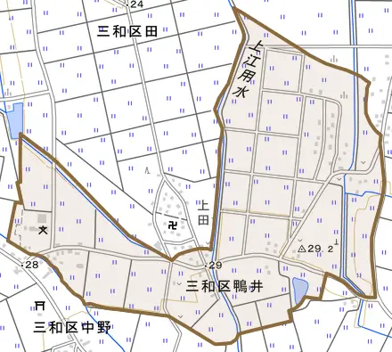 三和区鴨井とその周辺の地図。町の範囲を重ねている