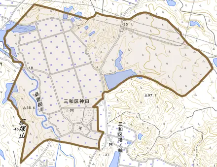 三和区神田とその周辺の地図。町の範囲を重ねている