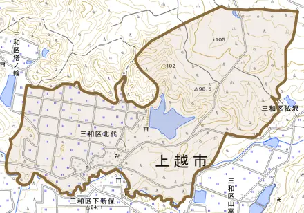 三和区北代とその周辺の地図。町の範囲を重ねている