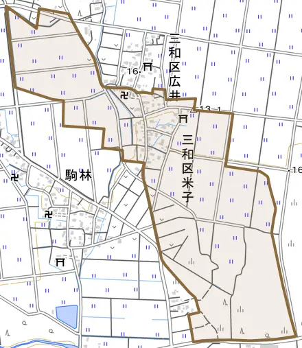 三和区米子とその周辺の地図。町の範囲を重ねている