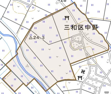 三和区中野とその周辺の地図。町の範囲を重ねている