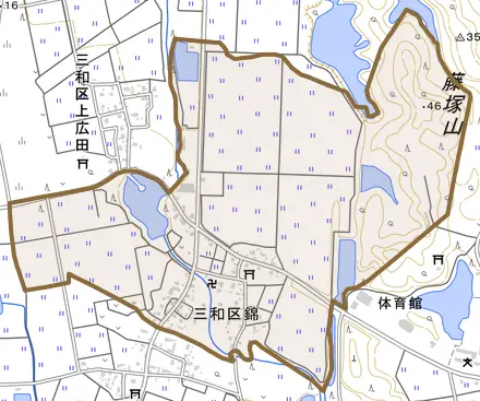 三和区錦とその周辺の地図。町の範囲を重ねている