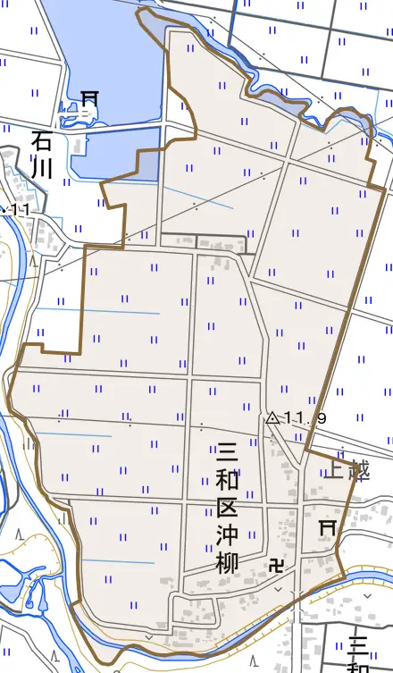 三和区沖柳とその周辺の地図。町の範囲を重ねている