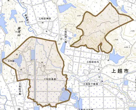 三和区島倉とその周辺の地図。町の範囲を重ねている