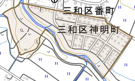 三和区神明町とその周辺の地図。町の範囲を重ねている