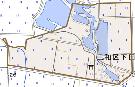 三和区下田島とその周辺の地図。町の範囲を重ねている