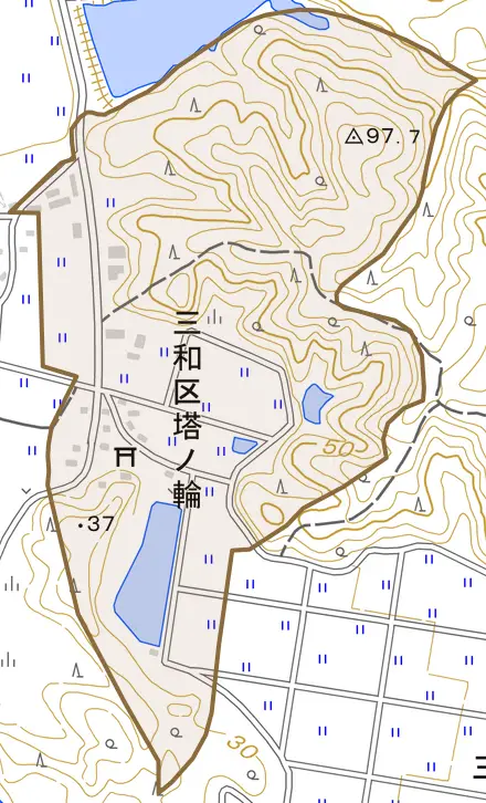 三和区塔ノ輪とその周辺の地図。町の範囲を重ねている