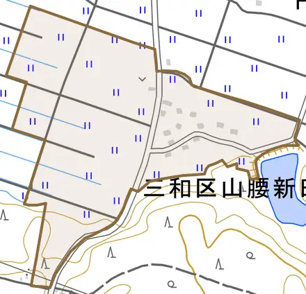 三和区山腰新田とその周辺の地図。町の範囲を重ねている