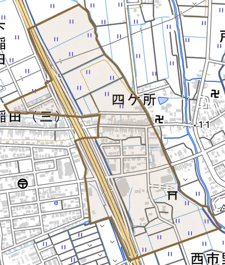 大字四ケ所とその周辺の地図。町の範囲を重ねている