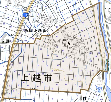 大字島田とその周辺の地図。町の範囲を重ねている