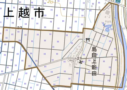 大字島田上新田とその周辺の地図。町の範囲を重ねている