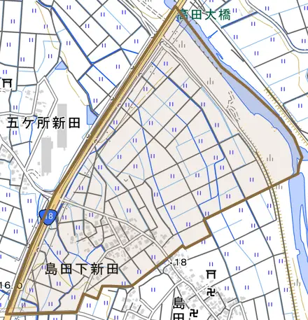 大字島田下新田とその周辺の地図。町の範囲を重ねている