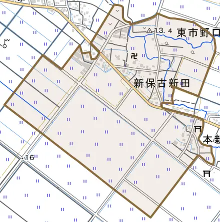 大字新保古新田とその周辺の地図。町の範囲を重ねている