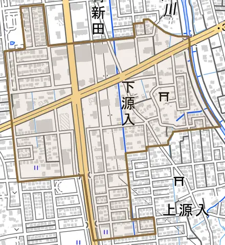 大字下源入とその周辺の地図。町の範囲を重ねている