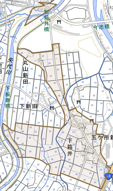 大字下箱井とその周辺の地図。町の範囲を重ねている