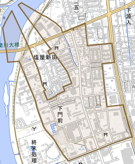 下門前とその周辺の地図。町の範囲を重ねている