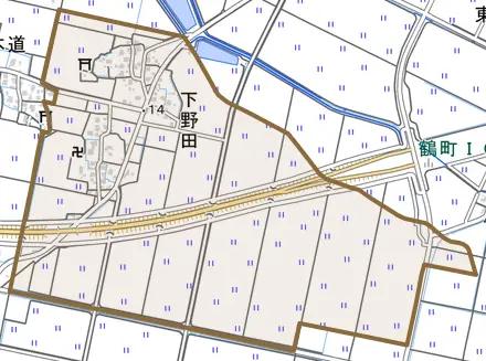 大字下野田とその周辺の地図。町の範囲を重ねている