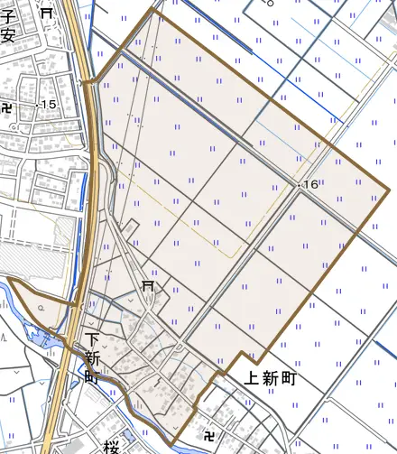 大字下新町とその周辺の地図。町の範囲を重ねている