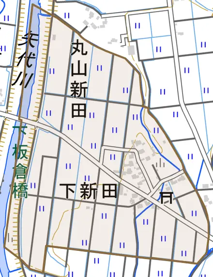 大字下新田とその周辺の地図。町の範囲を重ねている