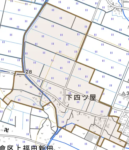 大字下四ツ屋とその周辺の地図。町の範囲を重ねている