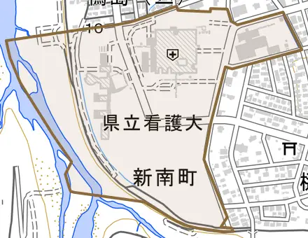 新南町とその周辺の地図。町の範囲を重ねている