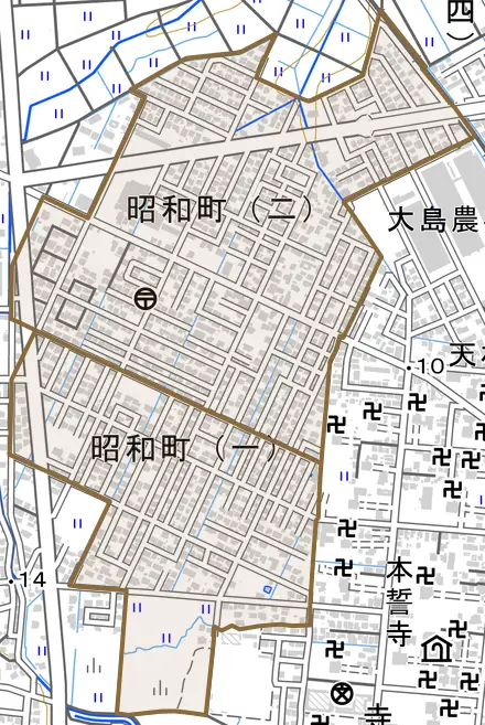 昭和町とその周辺の地図。町の範囲を重ねている