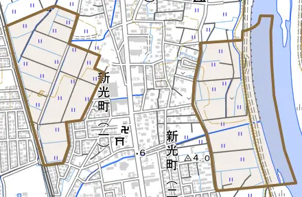 大字薄袋とその周辺の地図。町の範囲を重ねている